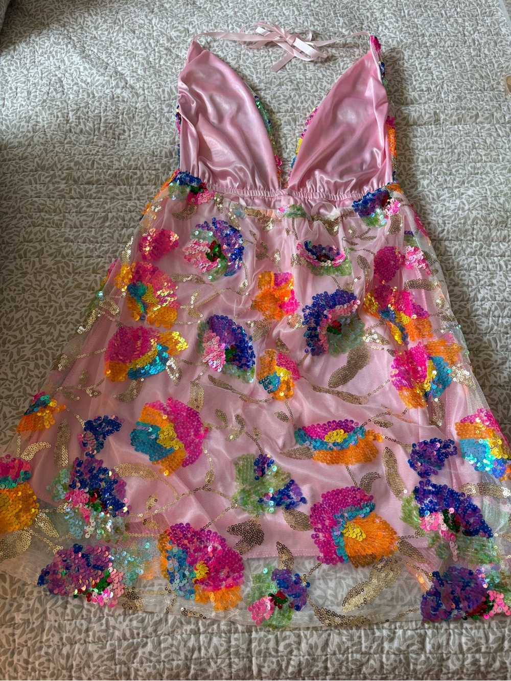 Pink Floral Sequin Halter Mini Dress - Picture 3 of 3